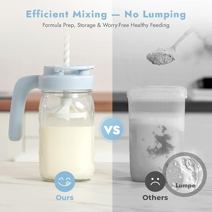 Papablic Breast Milk Pitcher – Baby-Safe Glass Formula Mixer with Easy-Blend Handle Lid, Wide-Mouth Mason Jar, Leakproof Flip-Lock Spout, BPA-Free, Gift for New Moms, Blue