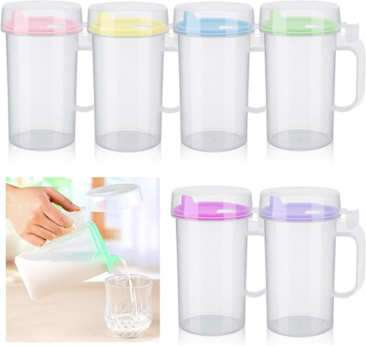 6 Pack Early Learning Kids Easy Pouring Mini Pitchers Clear Plastic Pitcher with Lid and Handle Easy Pour Bottles 16 Oz. Jugs with Lids for Classroom Nursery Home (Pastel)