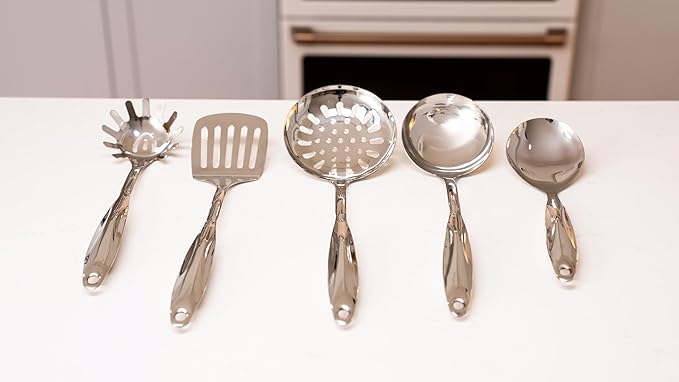 Stainless Steel Cooking Utensils Set, 5-Piece 304 Metal Kitchen Utensil Set (Spatula, Ladle, Slotted Turner, Spaghetti Server, Skimmer) – One-Piece Heavy Duty, Rustproof, Dishwasher Safe