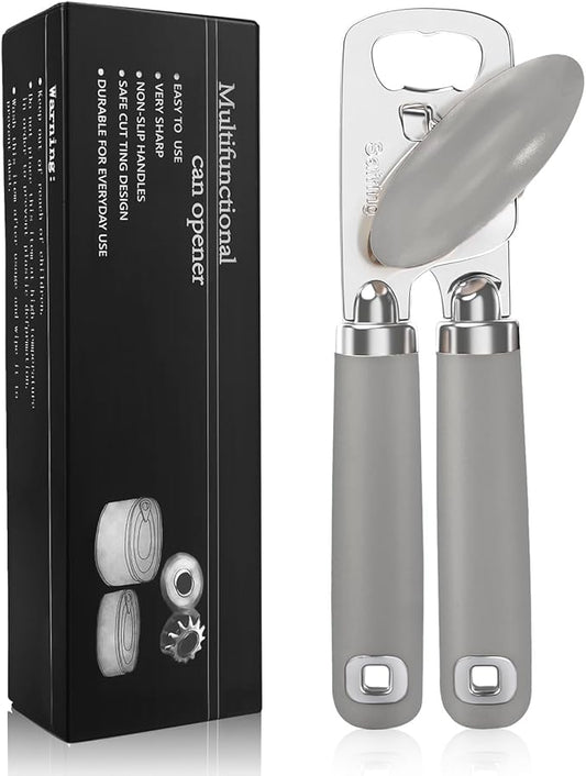 Can Opener Manual, Heavy Duty Stainless Steel Smooth Edge Can Opener With Soft Touch Handle, Oversized Handheld Easy Turn Knob, Multi-Function Bottle Opener, Gray