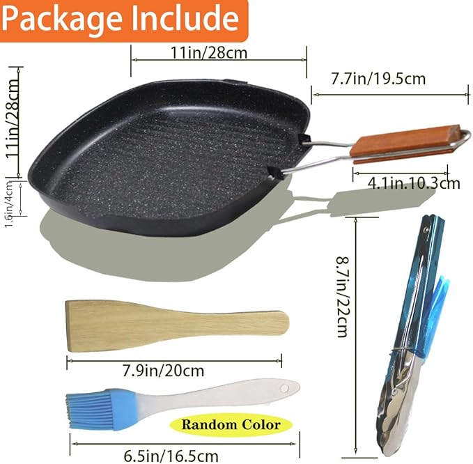 Nonstick Grill Pan with Folding Handle, 11in/ 28cm Lightweight Grill Pan for Stove Tops, 1.76lbs Versatile Griddle Pans with Pour Spouts, Square Grilling Skillet Steak Pan for Indoor Outdoor Camping