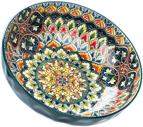 Large Serving Bowls, 75 Oz Fruit Salad Bowls, Bohemian Style Large Porcelain Dishes for Entertaining Parties,Big Bowls for Eating Soup, Salad, Pasta, Fruit, Chips, 10.3 Inch Diameter (green)