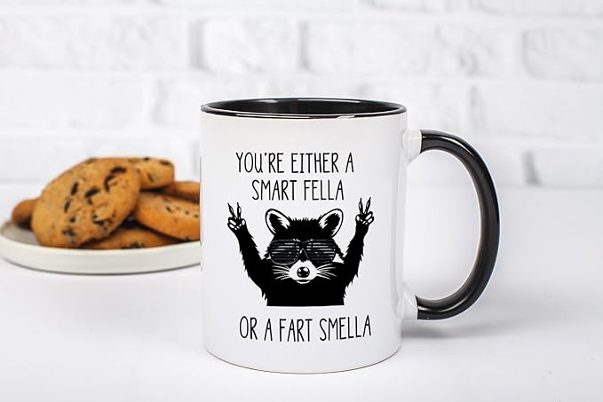 You're Either A Smart Fella or Fart Smella Coffee Mug - Retro Cartoon Meme Gifts for Men Women Best Friend - Funny Raccoon Birthday Presents for Boyfriend Girlfriend Husband Wife - 11 oz Novelty Cup