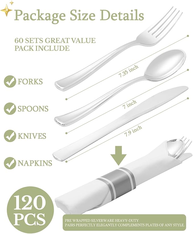 Supernal 240 Silver Plastic Silverware Set - 60 Sets Pre Rolled Napkins with Cutlery - Mirror Polished Real Look Disposable Silver Utensils- Elegant Heavy Duty Flatware for Weddings & Catering