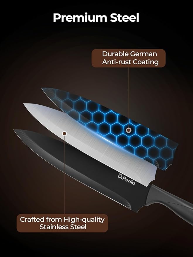 Knife Set, D.Perlla 8-Piece Kitchen Knife Set with Built-in Sharpener, Dishwasher Safe Non-stick & Non Rust, Black Coating Stainless Steel Knife Block Set, Sharp Chef Knives with Universal Knife Block