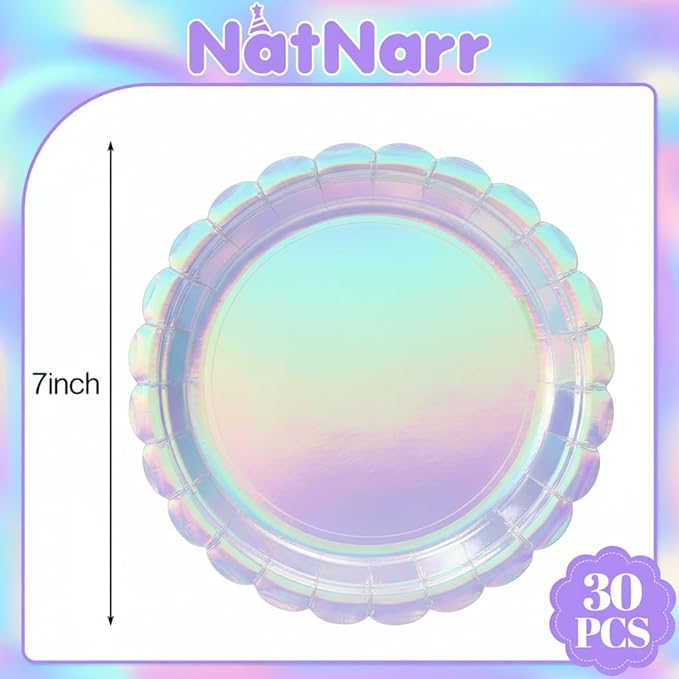 30 Pcs Iridescent Paper Plates Disposable 7 Inch Scalloped Holographic Plates Sliver Cake Dessert Plate for Birthday, Mermaid, Disco