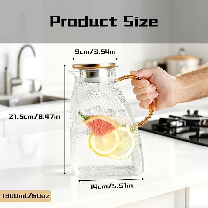 Glass Pitcher with Lid and Spout, 1.8 L/60 oz Clear Fridge Door Jug, Borosilicate Glass Bottle with Handle and Stainless Steel Lid, Hot & Cold Beverage Pitcher for Iced Tea, Coffee, Juice, Milk