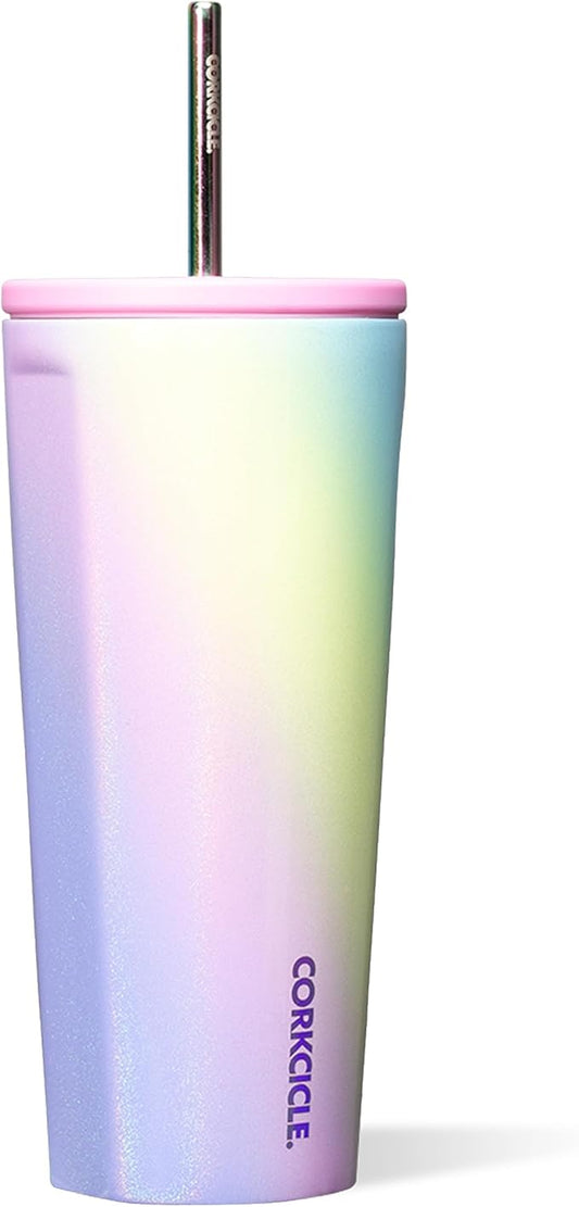 Corkcicle Cold Cup Insulated Tumbler with Straw - Keeps Drinks Cold for 12 Hours - Triple-Insulated Stainless Steel - Leak-Resistant Lid - Summer Drinkware Gift - 24 oz - Rainbow Unicorn