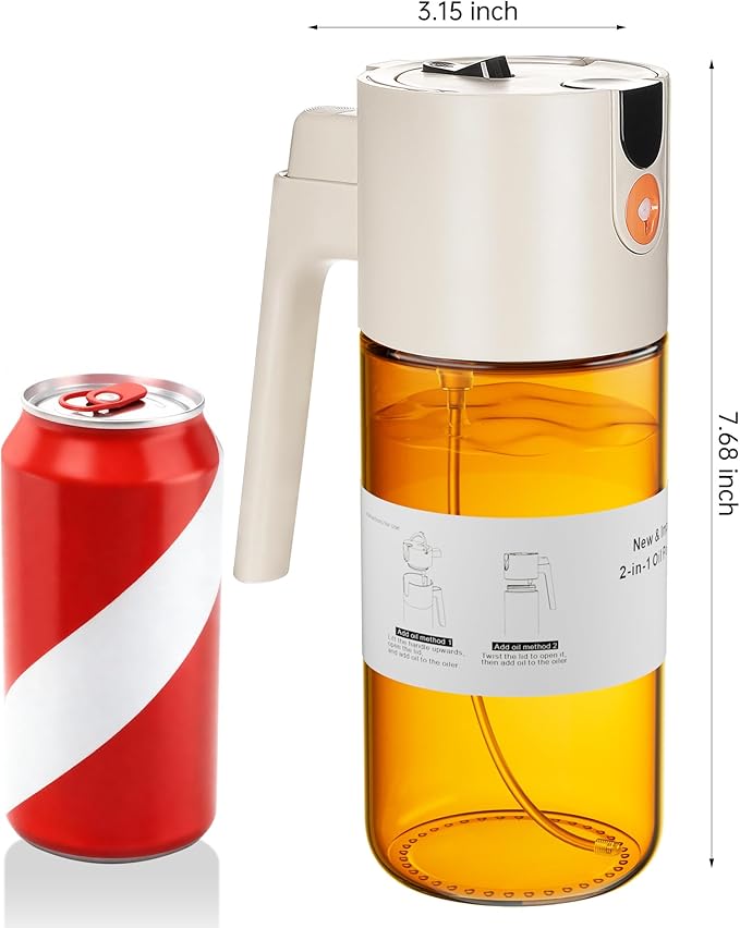 Upgrade 2 in 1 Oil Sprayer for Cooking, 17oz Light-Blocking Glass Olive Oil Dispenser Bottle for Kitchen,Food-Grade Oil Mister with 8 Stickers for Salad, Frying (Brown Bottle-White Cap)