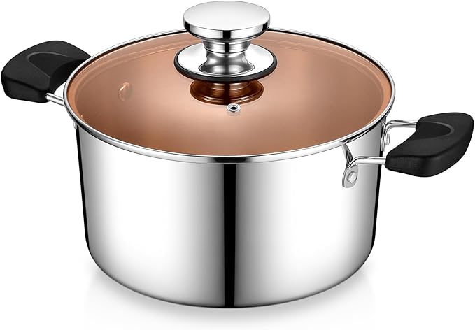 5 Quart 3-Ply Cooking Stock Pot with Lid, P&P CHEF Stainless Steel Large Pot for Pasta Soup, Work on Multi Stove, Heavy Duty & Dishwasher Safe, Dual Heat-resistant Handles & Brown Glass Lid