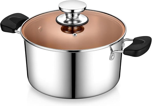 5 Quart 3-Ply Cooking Stock Pot with Lid, P&P CHEF Stainless Steel Large Pot for Pasta Soup, Work on Multi Stove, Heavy Duty & Dishwasher Safe, Dual Heat-resistant Handles & Brown Glass Lid