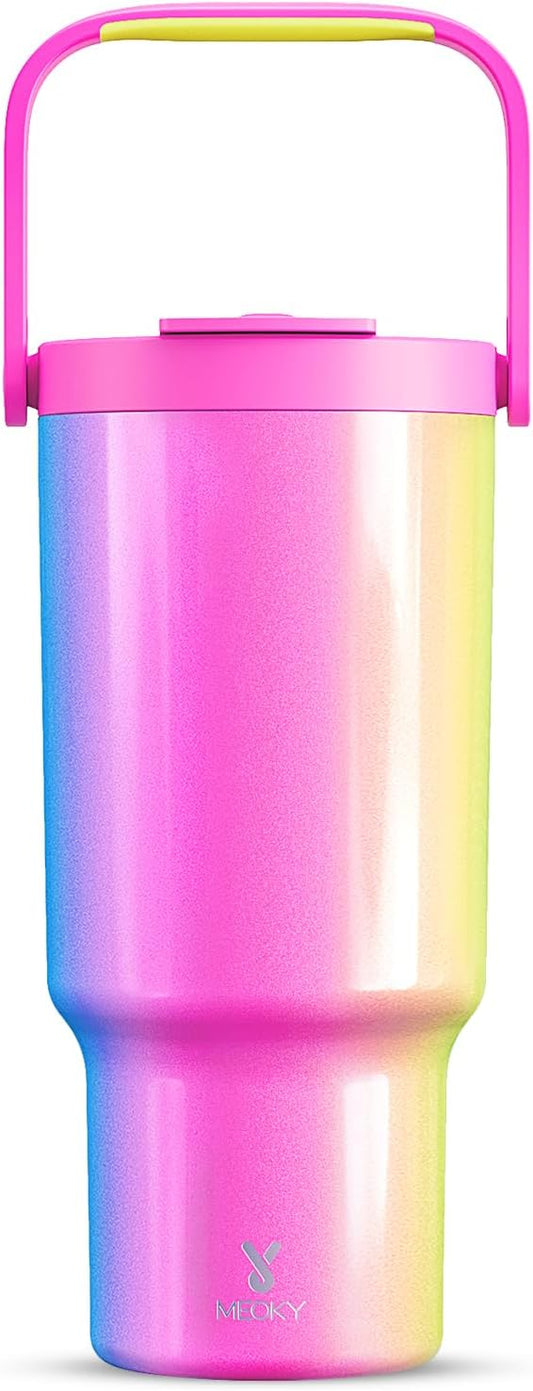 Meoky 32 oz Tumbler with Handle, Tumbler with Lid and Straw, Stainless Steel Travel Mug, 100% Leak Proof, Keeps Cold for 24 Hours, Fits in Car Cup Holder (Carnival)