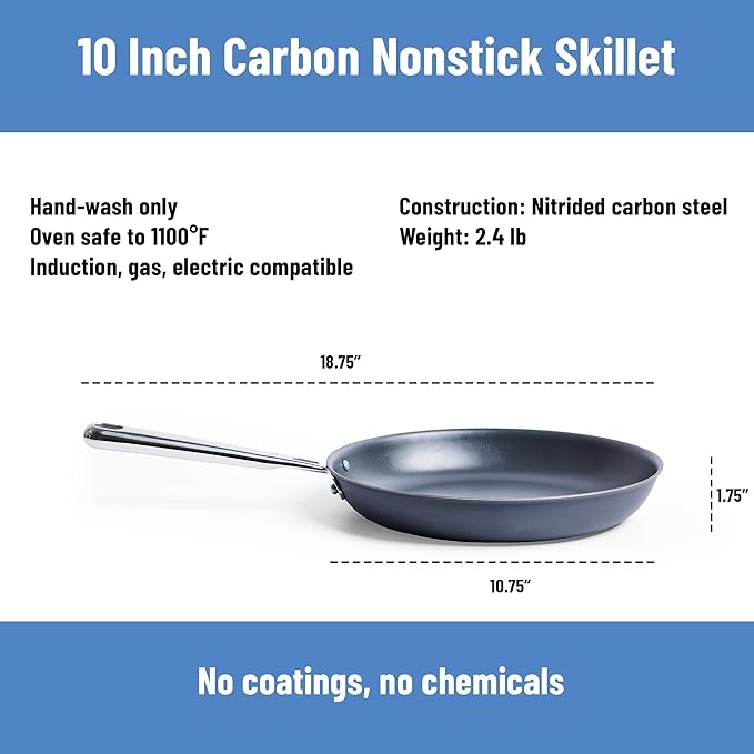 Misen Carbon Nonstick™ Skillet - Ultra-Durable Nitrided Surface - Easy Relase With No Coating to Chip or Peel, PFOA- & Chemical-Free - High-Heat Cooking, Even-Heating, Induction Ready, 10 Inch