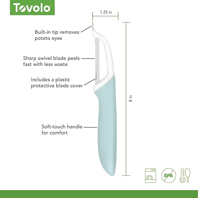 Tovolo Vegetable Peeler with Ultra Sharp Stainless Steel Swivel Blade Non Slip Handle, Multi Functional Dishwasher Safe Kitchen Wide Ribbon Potato Peeler for Fruit Veggies Carrots Apples, Blue Haze