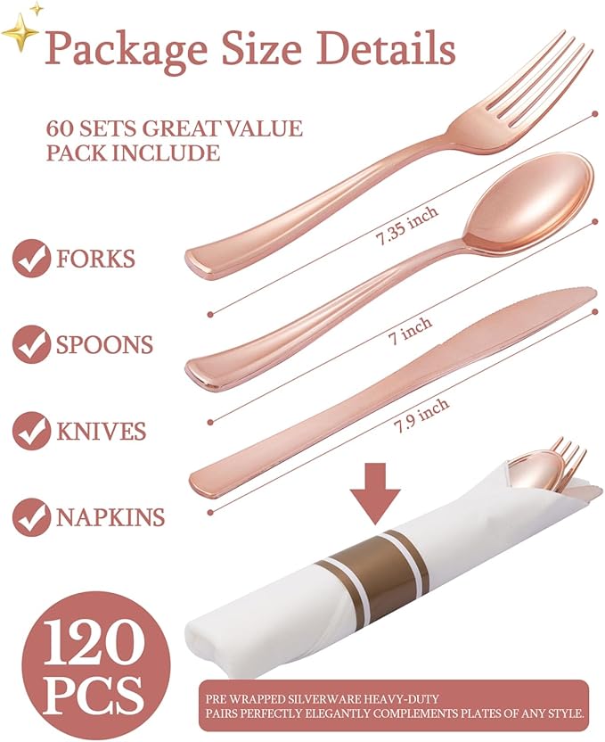 Supernal 240Pcs Rose Gold Plastic Silverware Set with Napkins - Pre Rolled Disposable Cutlery (60 Forks, 60 Knives, 60 Spoons) - Heavy Duty Utensils for Wedding, Bridal Shower & Elegant Parties