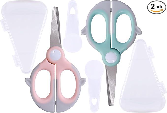 Baby Food Scissors Kicthen Shears -2Pack Portable Healthy Kids Scissors,Stainless Steel Scissor with Storage Travel Case - Ideal for Cutting Meat, Chicken, Vegetables, and Fruits (Pink+Blue)