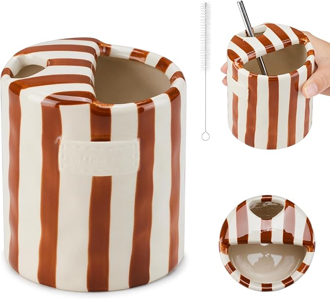 Ceramic Coffee 10oz Mug Hand-Painted Espresso Cup，Retro Ceramic Travel Mug for Kitchen, Dining-Green，Microwave Safe (Brown stripes)