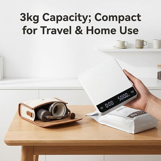 Partyreal Digital Kitchen Coffee Scale, Slim Food Scale with Tare and g/oz/ml Units, Backlit Display, USB-C Rechargeable with AAA Backup, 3kg, White