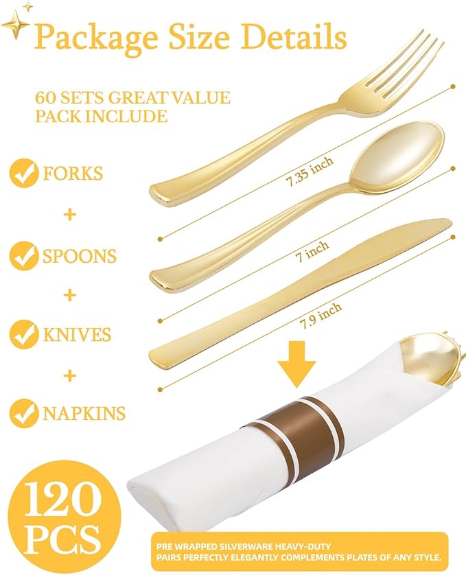 Supernal 240 Pcs Pre Rolled Napkins with Gold Plastic Silverware - 60 Sets Elegant Disposable Wrapped Cutlery: Heavy Duty Gold Forks, Knives, Spoons for Weddings, Parties, & Catering Events