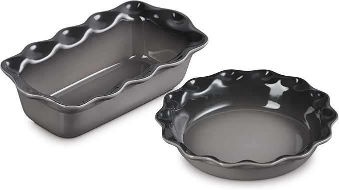 Le Creuset Stoneware Set of 2 9" Heritage Fluted Pie and 9" Fluted Loaf Dish, Oyster