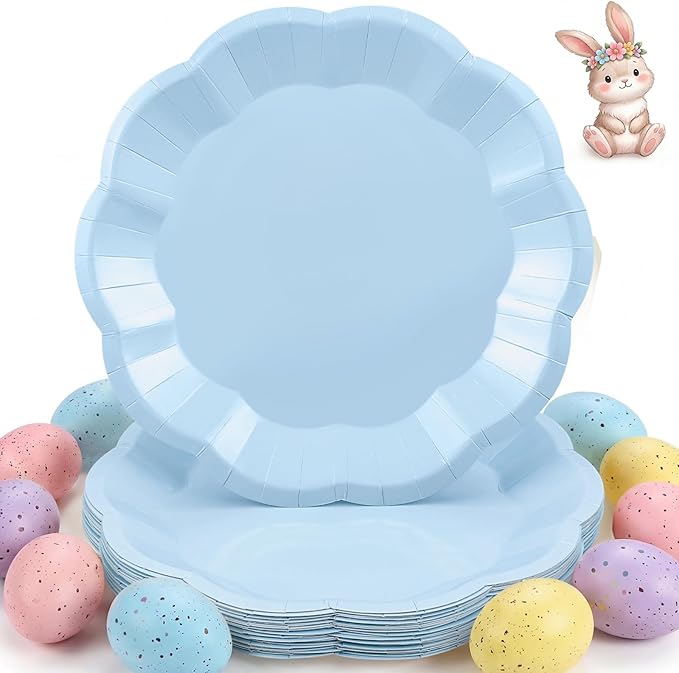 30 Pcs Light Blue Paper Plates 9 Inch Scalloped Baby Blue Plates Disposable Dinner Plate Party Plate for Wedding, Boy Baby Shower, Birthday, Easter Party