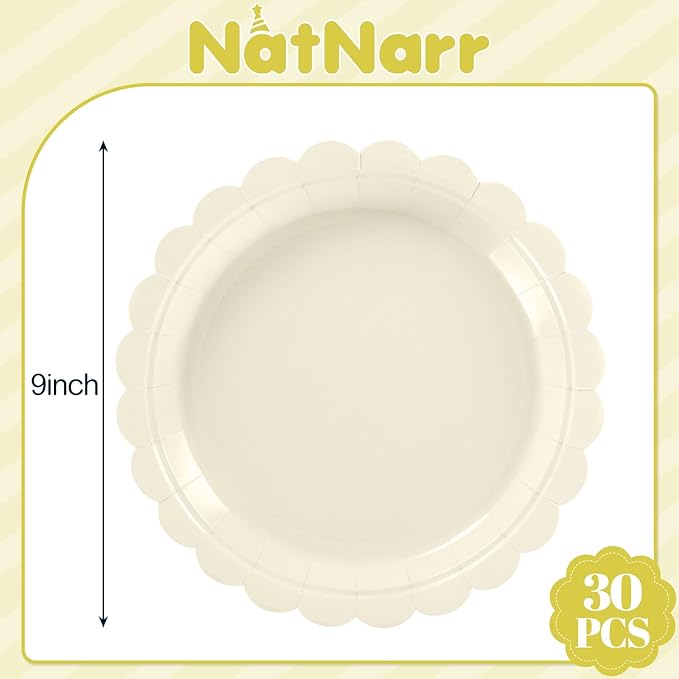 30 Pcs Ivory Paper Plates 9 Inch Disposable Scalloped Cream Plates Cute Beige Dessert Cake Plate Party Dinner Plate for Baby Shower, Wedding, Bridal Shower