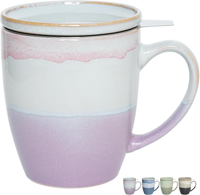 Bosmarlin Ceramic Tea Cup with Infuser and Lid, 16 Oz, 4 Colors to Choose, Dishwasher and Microwave Safe, Steeping Tea Mug with Strainer, Reactive Glaze, (Purple)