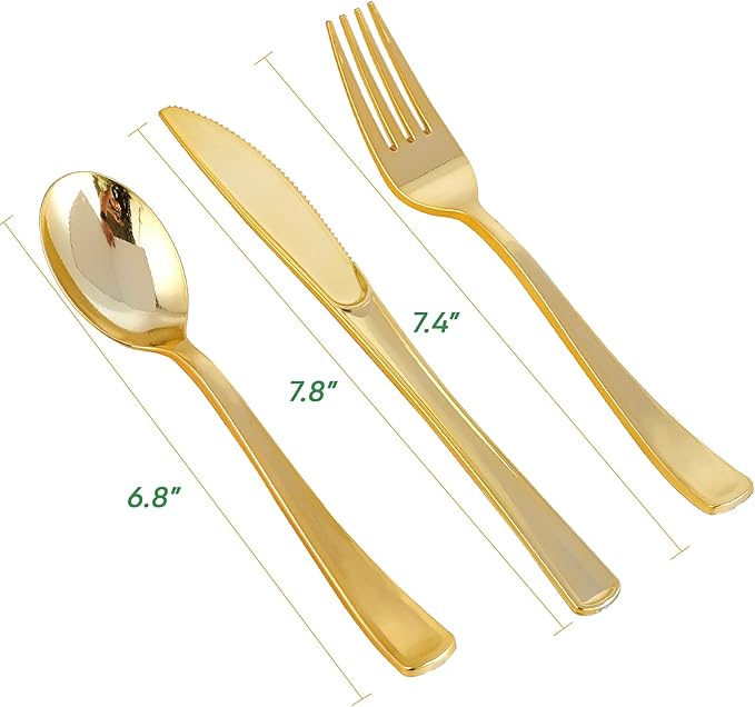 FOCUSLINE 75 Pack Gold Plastic Silverware Disposable Cutlery Set - 25 Forks Knives Spoons - Disposable Flatware Heavy Duty Plastic Utensils Set for Catering, Parties, Dinners, Weddings