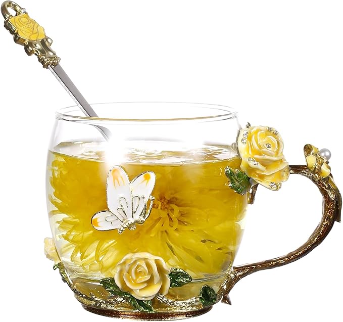 SUQ I OME Enamel Rose and Butterfly Flower Glass Tea Cup, Valentine Gifts For Women,Wife, Friend for Valentines Wedding, Women's day, Engagement, Yellow Rose,11 oz