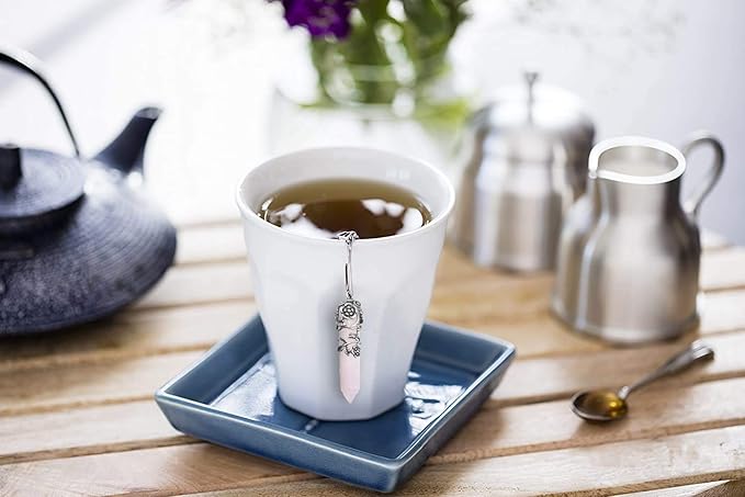 2 Pack Healing Crystal Pendant Loose Tea Steeper Tea Infusers Tea Strainers for Couple Gift,Antique Silver Flower Wrapped Natural Gemstone Hexagonal 18/8 Stainless Steel Fine Mesh Tea Ball