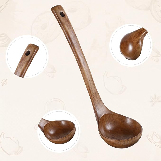 11" Wooden Ladle 2 fl oz Natural Wood Serving Spoon Gravy Soup Ladle Long Handle Deep Scooper Server Utensil Large Kitchen Wooden Scoop for Cooking Serving