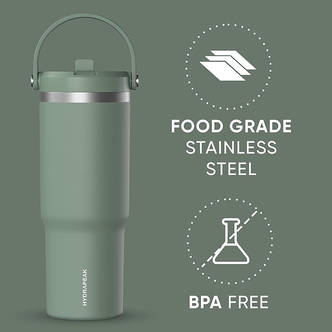 Hydrapeak Nomad 32 oz Tumbler with Handle and Straw Lid, Leakproof, Double Insulated, 32oz Cup, Stainless Steel | Sage Leaf