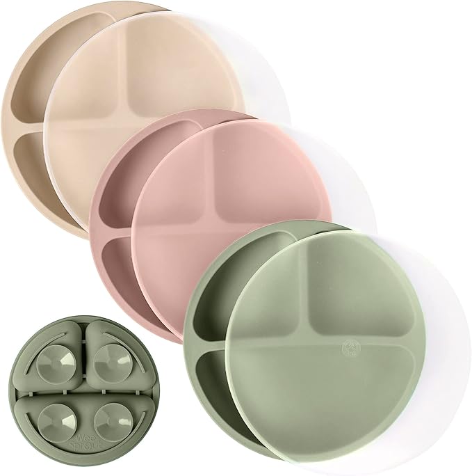 WeeSprout Suction Plates with Lids for Babies & Toddlers - 100% Silicone, Dinnerware Stays Put, Divided Design for Picky Eaters, Microwave & Dishwasher Friendly, 3 Pack