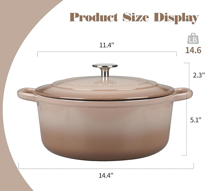 Enameled Dutch Ovens Cast Iron Dutch Oven Pot with Lid for Bread Baking, Cook, Dual Handle, 7 Quart, Mocha