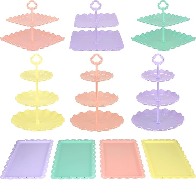 Pack of 10 NWK Cake Stand Set, with 3 x Two-Tier and 3 x Three-Tier Cupcake Stands, 4 x Appetizer Trays, 1 x Tablecloth for Birthday Bridal Baby Shower Party (Colorful)