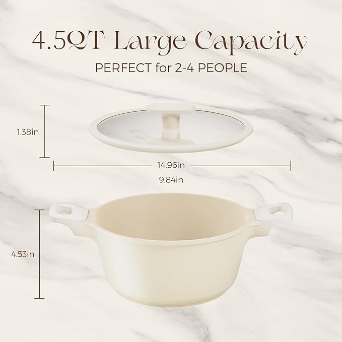 PRICUSIS Ceramic Nonstick Stock Pot with Silicone Rim Glass Lid, 4.5/7QT Soup Pot Casserole, Cooking Pot, Induction Compatible, Dishwasher Safe, Ideal for Pasta & Stews, PTFE PFOA Free, Coconut White