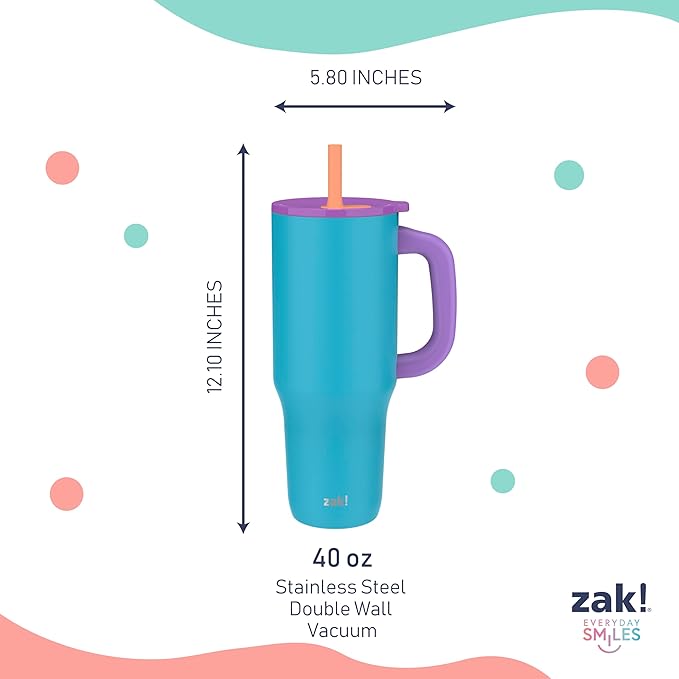 Zak Designs Sutton Travel Tumbler for On the Go, 40oz Stainless Steel with Vacuum Insulation, Silicone Straw, and Carry Handle for Cold Drinks (Turquoise)