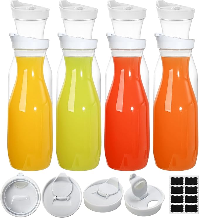 Lawei 8 Pack 34 Oz Plastic Water Carafe, 1 Liter Clear Beverage Carafe with Flip Top Lid, Narrow Neck Drink Container Pitcher for Juice, Water, Ice Tea, Milk, Lemonade and Mimosa Bar