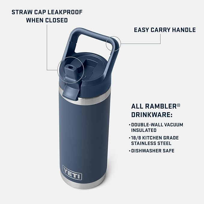 YETI Rambler 18 oz Bottle, Vacuum Insulated, Stainless Steel with Color Matching Straw Cap, Royal Blue