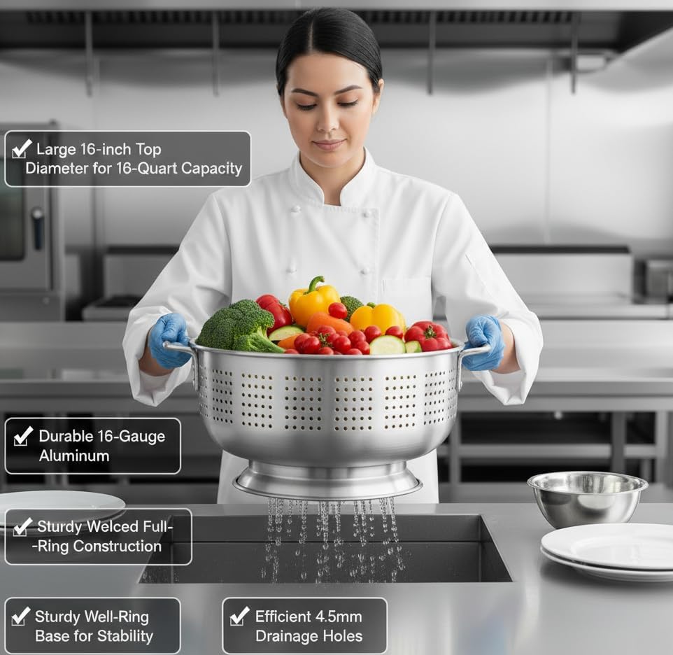16 Qt. Aluminum Colander with Base and Handles – Heavy-Duty 16-Gauge Commercial Strainer for Pasta, Fruits, and Vegetables- (Large Colander with Top Diameter of 16.5 inches) (1, 16 Quart)