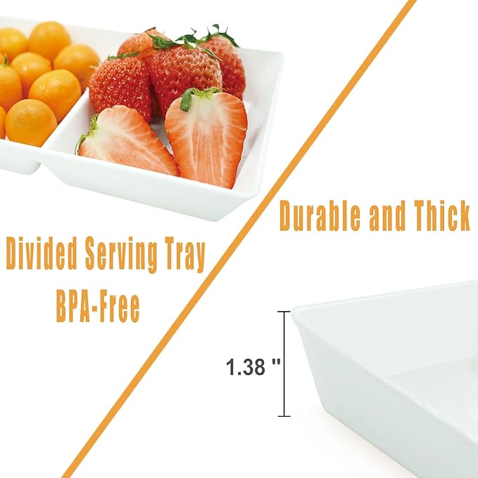 Divided Serving Tray Platter, 2 Pack 10" x 5" Fruit Veggie Food Tray for Party, Plastic Serving Trays for Appetizer, Snack, Dessert, Cookie, Brunch Decorations Platters, White Trays BPA-Free
