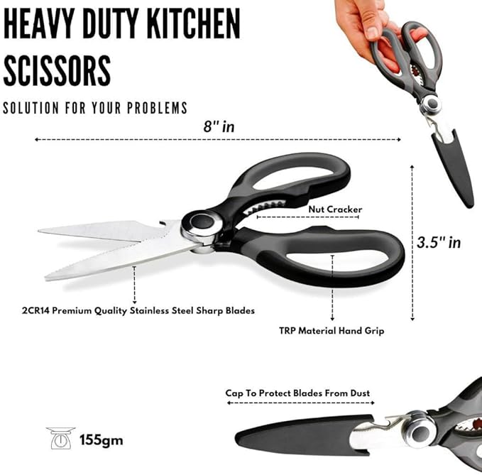 Kitchen Scissors Stainless Steel Sharp Blades with Cushioned Soft TPR Grip for Easy Handling – Heavy Duty Multipurpose Scissors for Meat, Chicken, Fish, Vegetables, & Herbs – Bottle Opener