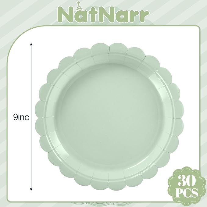 30 Pcs Sage Green Paper Plates 9 Inch Disposable Scalloped Easter Plates Cute Dessert Cake Plate Party Dinner Plate for Baby Shower, Wedding, Bridal Shower