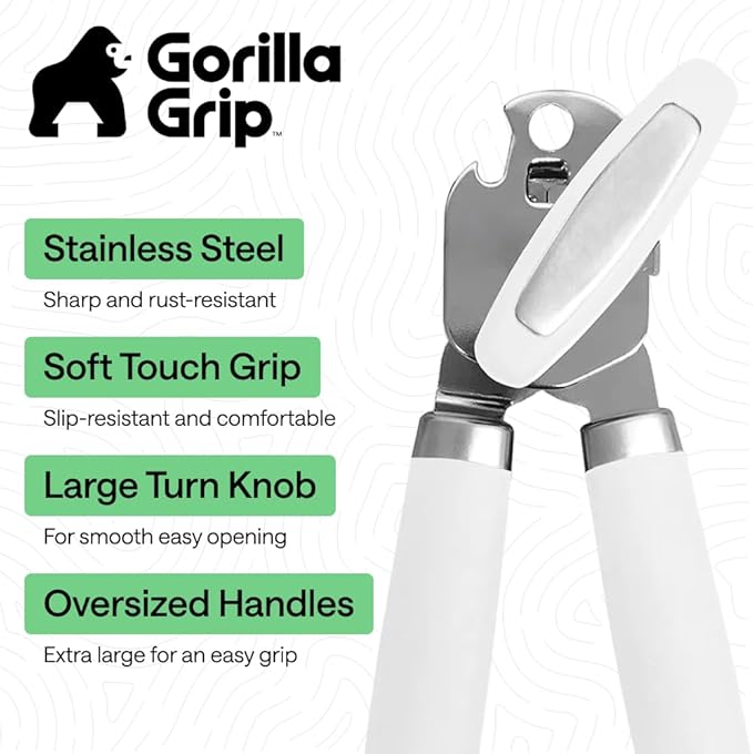 GORILLA GRIP Heavy Duty Stainless Steel Smooth Edge Manual Can Opener and Bottle Openers, Soft Comfortable Handle, Oversized Handheld Turn Knob, US Designed Multifunctional Kitchen Tool, White