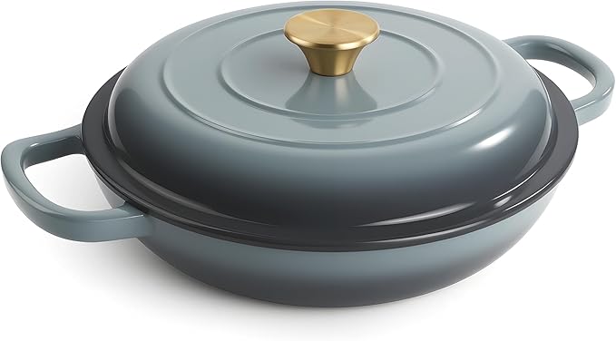3 Quart Enameled Cast Iron Braiser, Non Stick Enameled Cast Iron Skillet with Lid, Dutch Oven Skillet with lid up to 500°F for Oven, Stove, Grill, Shallow Dutch Oven for Cook, Bake (Gray)