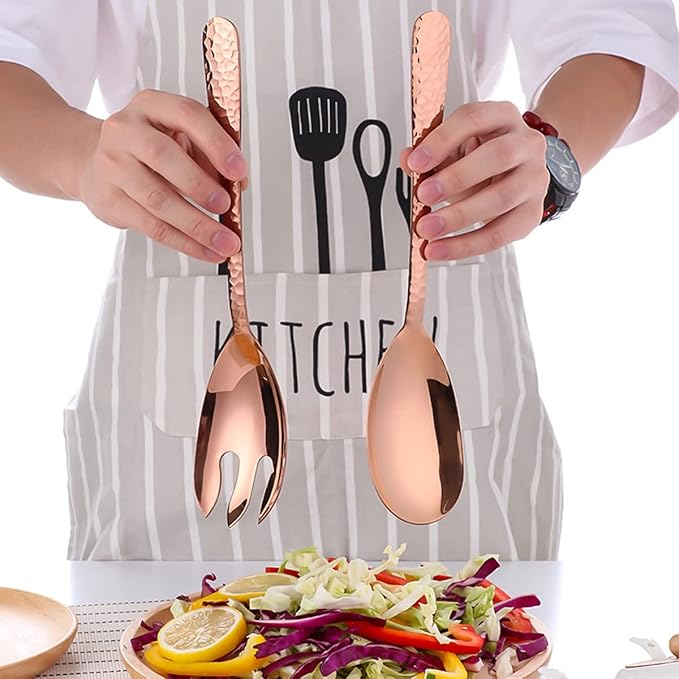Salad Spoon and Fork Metal Tong Serving Set, Heavy Duty Hammered Finish 18/10 Stainless Steel Serving Utensils Large Salad Servers for Kitchen Party Buffet Supply (Rose Gold)