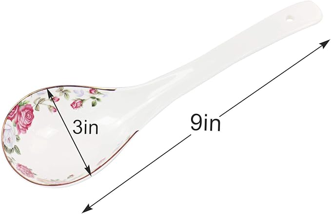 Big Porcelain Spoon Bone china Large Porridge Spoons White Ceramic Flatware Soup Spoons Long Handled Flower Pattern Scoop(Flower Pattern)