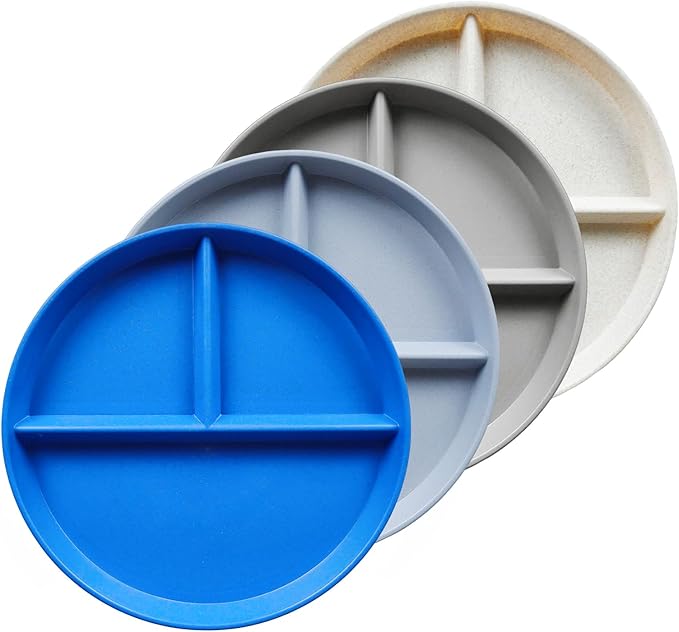 greenandlife 9 Inch 4PCS Unbreakable Portion Control Plates, Divided Plates for Kids Adults, Dishwasher & Microwave Safe Compartment Plate, Lightweight Reusable Wheat Straw Plate, BPA Free