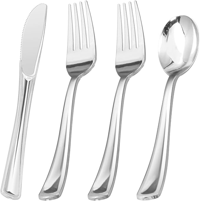 BESTVIP 400PCS Silver Plastic Silverware, Silver Disposable Utensils, Heavy Duty Cutlery Set of 200 Forks, 100 Spoons, 100 Knives for Party, Christmas, Birthday, Catering and Daily Use