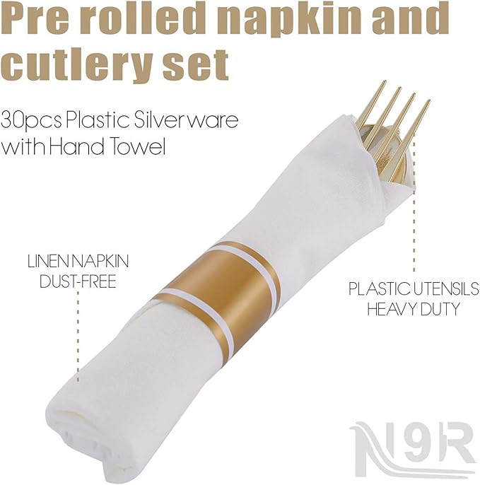 N9R 30 Pack Pre Rolled Gold Plastic Cutlery Set, Wrapped Plastic Silverware Set with 30 Forks, 30 Knives, 30 Spoons and 30 Napkins, Disposable Cutlery Set for Party and Wedding